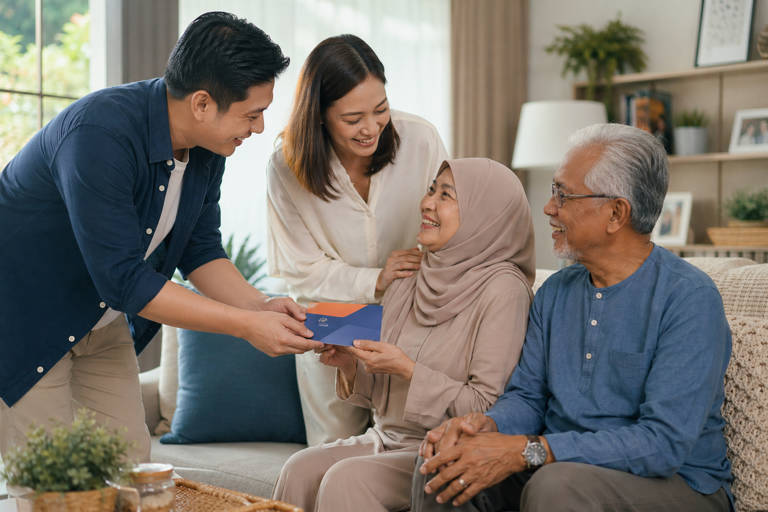 Malaysian adult children giving a thoughtful healthcare gift to their elderly parents